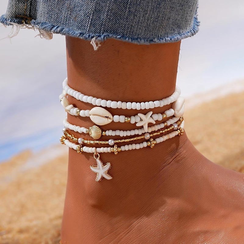 Shall Shell Boho Shell Ankle Bracelet Set for Women, 5 Pairs 14K Boho Bead Handmade Adjustable Anklet, Hawaiian Beach Seashell Starfish Foot Jewelry Gifts - Image 2